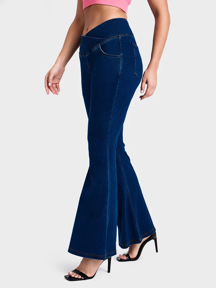 Crossover High Waisted Bell Bottom Jeans Yoga Pants Stretchy Flare Leggings With Pockets