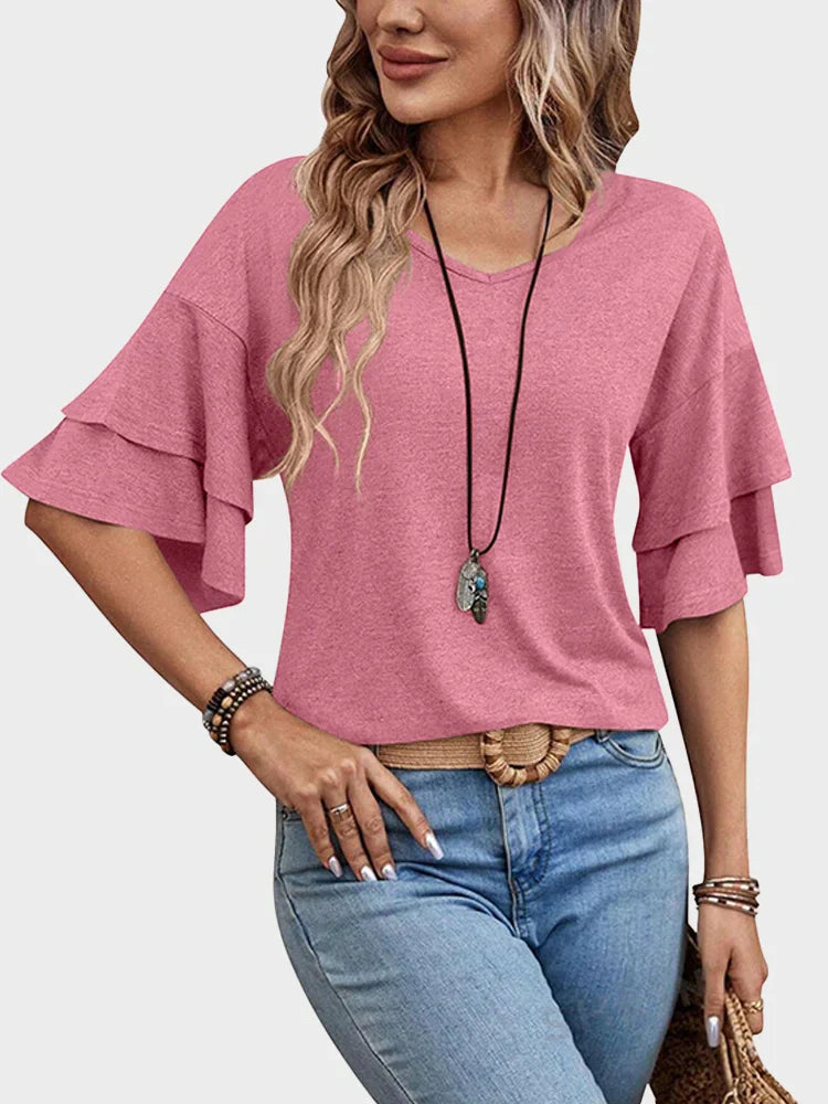 Womens Top Ruffle Sleeve Blouses V Neck T Shirts Casual Outfit Bell Sleeve Tee