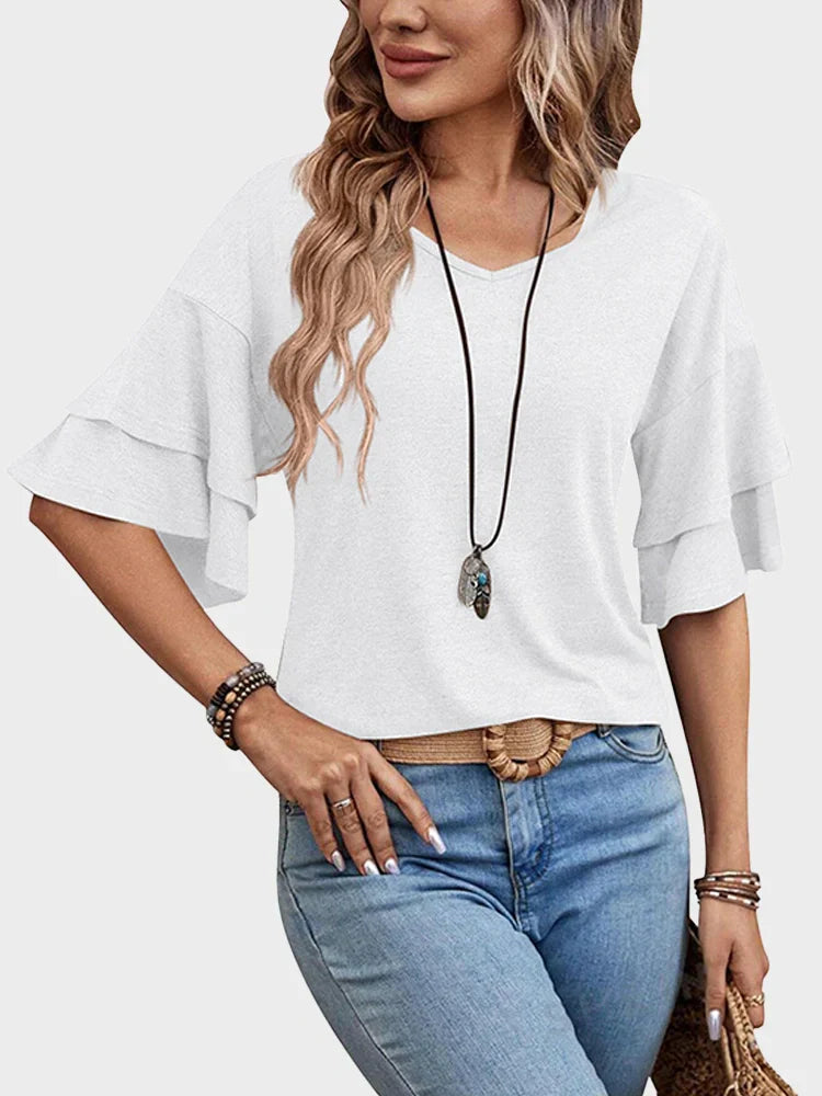 Womens Top Ruffle Sleeve Blouses V Neck T Shirts Casual Outfit Bell Sleeve Tee