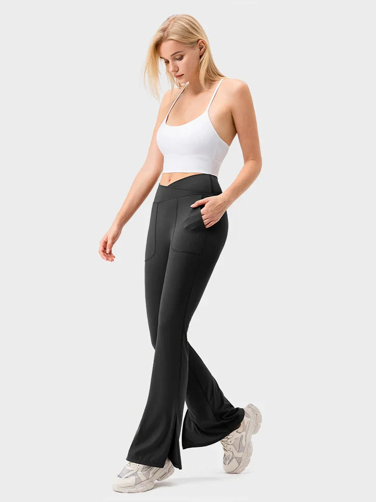 Womens Flare Leggings with Slit Hem High Waist Bootcut Yoga Pants Workout Tummy Control Flared