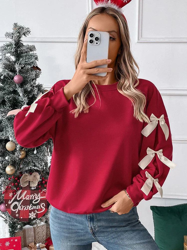 Women's round neck Christmas Sweatshirts with bow